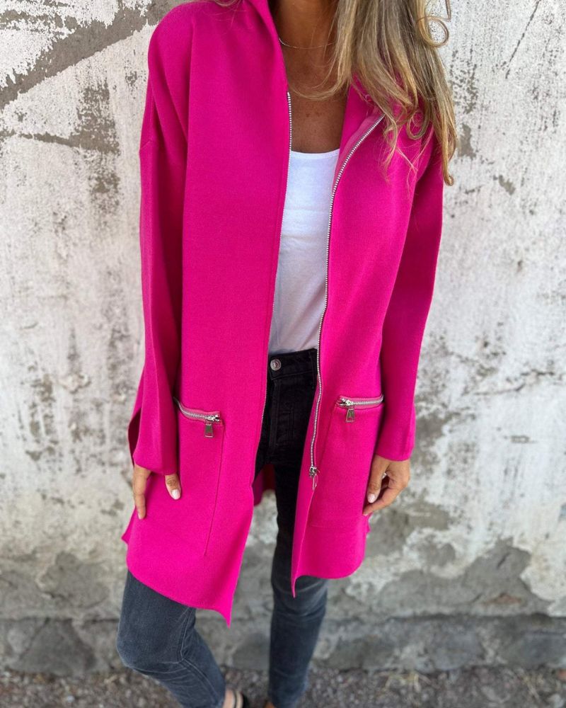 Cardigan lungo da donna con apertura frontale e cerniera