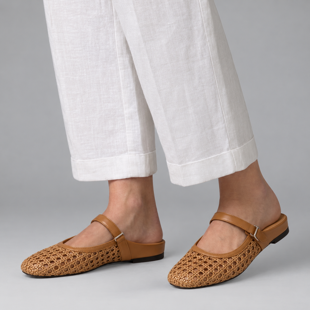 Women's Mary Jane Mules Slip on Flat Shoes with Woven Upper and Rhinestone Button