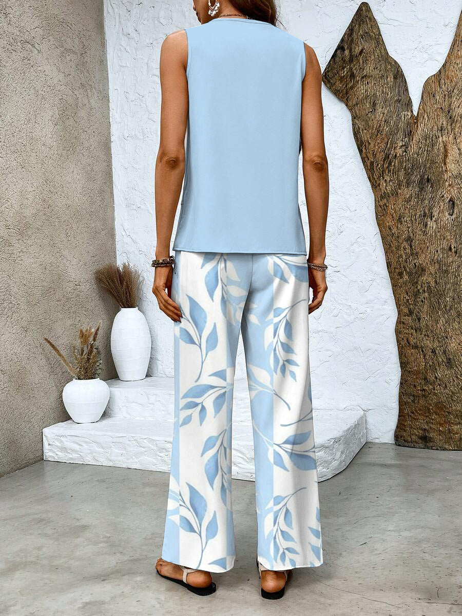 Women's Casual Summer Two-Piece Outfit with Wide-Leg Pants