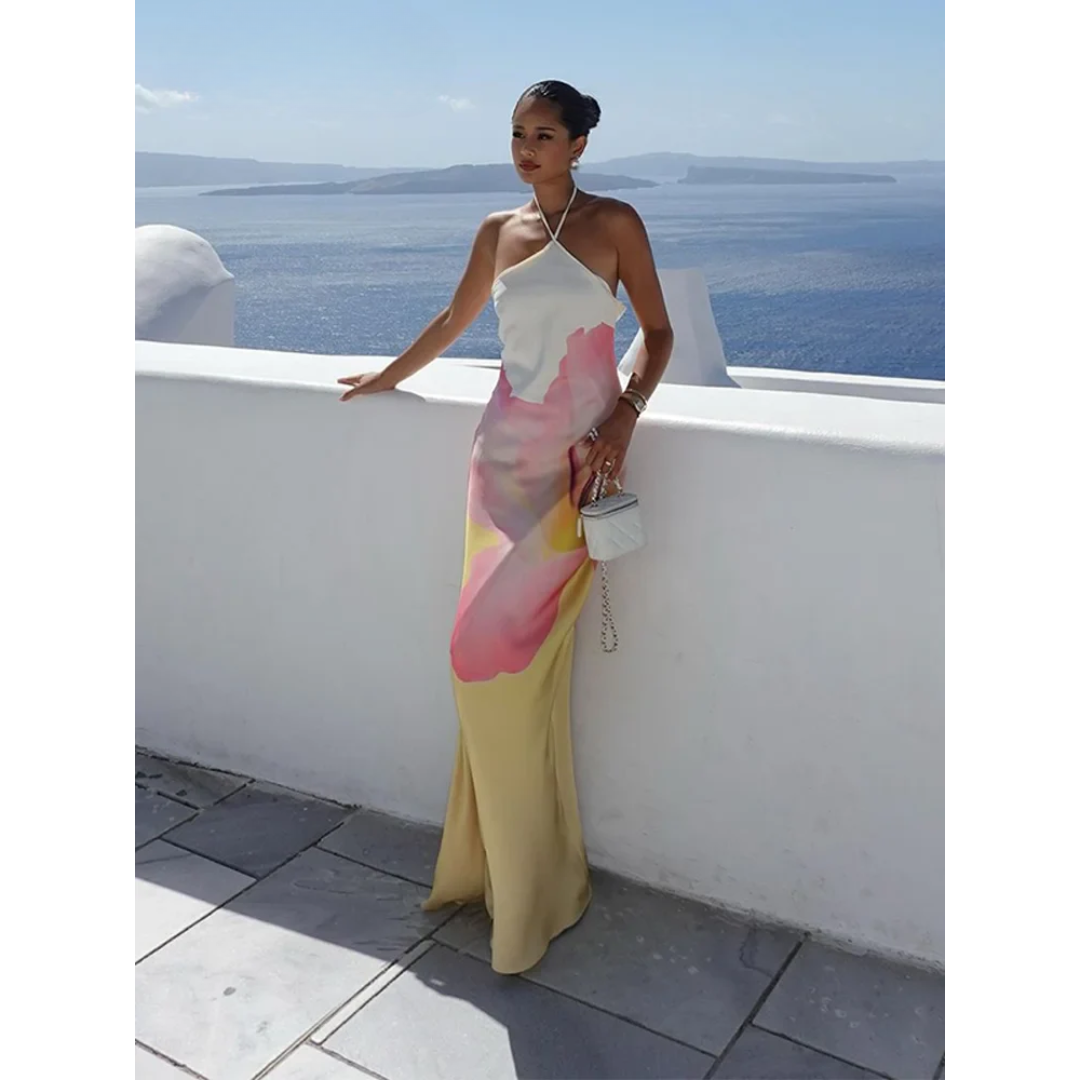 Women's Two-Way Shoulder Printed Maxi Dress