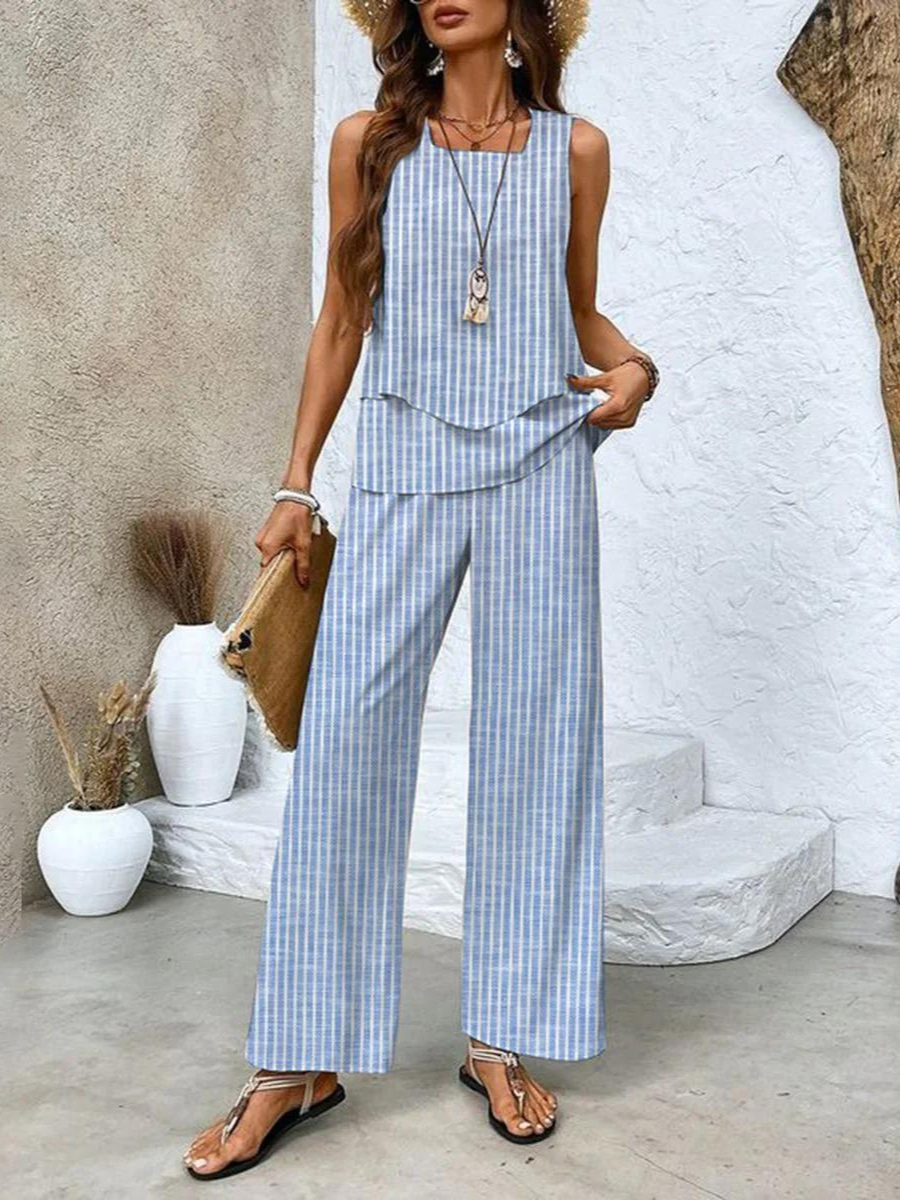 Women's Casual Summer Two-Piece Outfit with Wide-Leg Pants