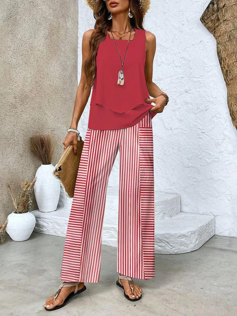 Women's Casual Summer Two-Piece Outfit with Wide-Leg Pants