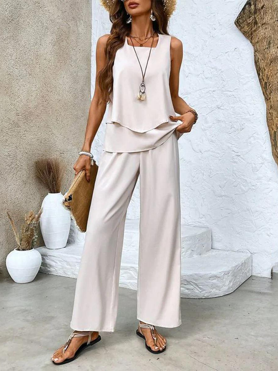 Women's Casual Summer Two-Piece Outfit with Wide-Leg Pants