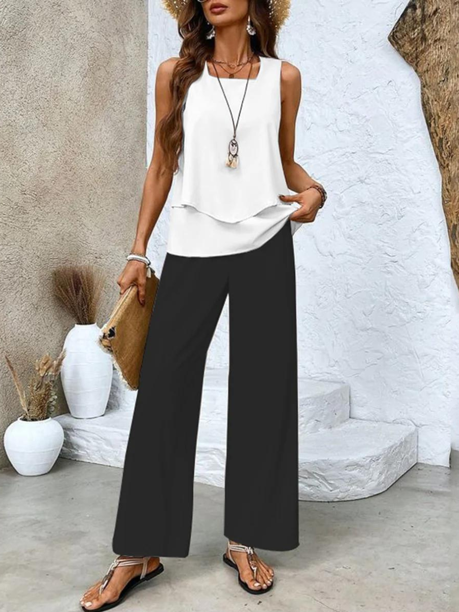 Women's Casual Summer Two-Piece Outfit with Wide-Leg Pants