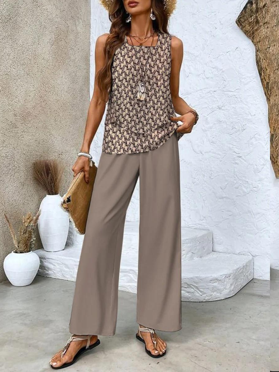 Women's Casual Summer Two-Piece Outfit with Wide-Leg Pants