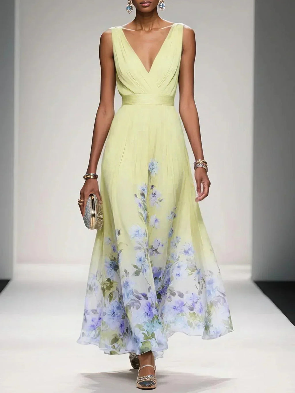Women's Floral Flowing Formal Occasion Dress with V-Neck
