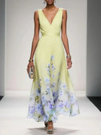 Women's Floral Flowing Formal Occasion Dress with V-Neck