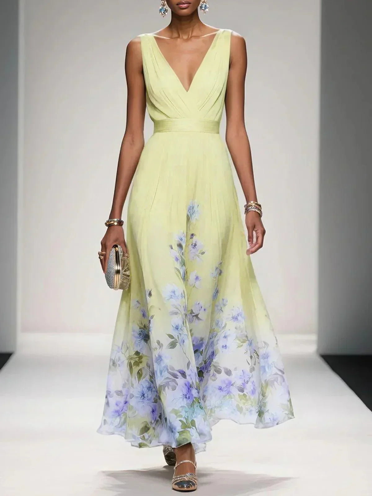Women's Floral Flowing Formal Occasion Dress with V-Neck
