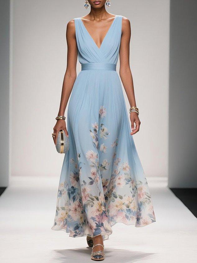 Women's Floral Flowing Formal Occasion Dress with V-Neck