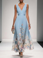 Women's Floral Flowing Formal Occasion Dress with V-Neck
