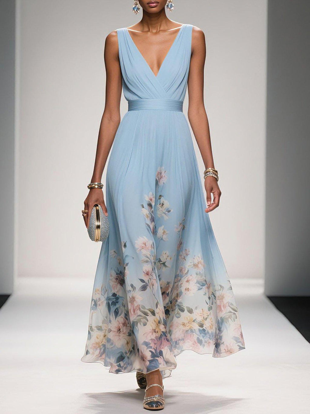 Women's Floral Flowing Formal Occasion Dress with V-Neck