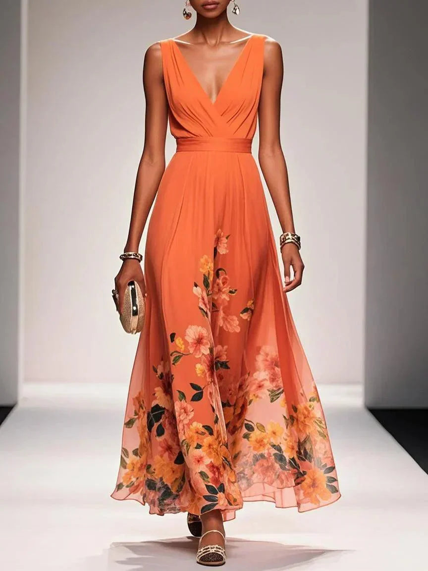 Women's Floral Flowing Formal Occasion Dress with V-Neck