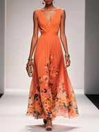 Women's Floral Flowing Formal Occasion Dress with V-Neck