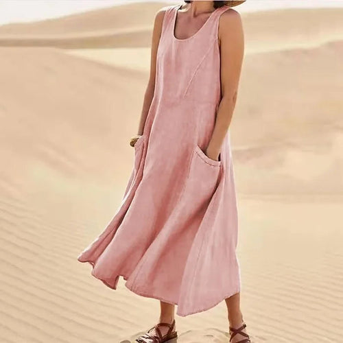 Arlina | Abito Midi Senza Maniche in Lino da Donna Rosa