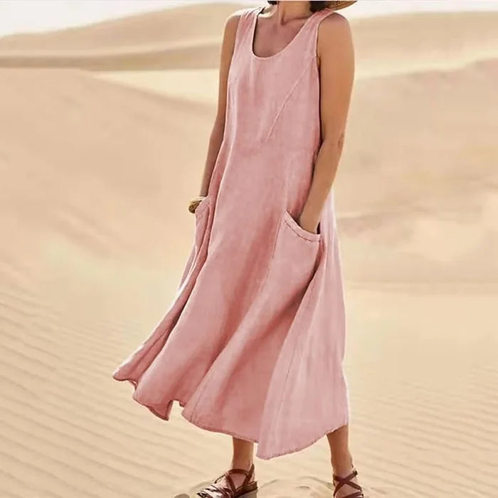 Arlina | Abito Midi Senza Maniche in Lino da Donna Rosa