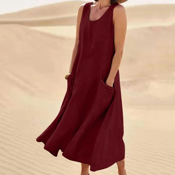 Arlina | Abito Midi Senza Maniche in Lino da Donna Rosso scuro
