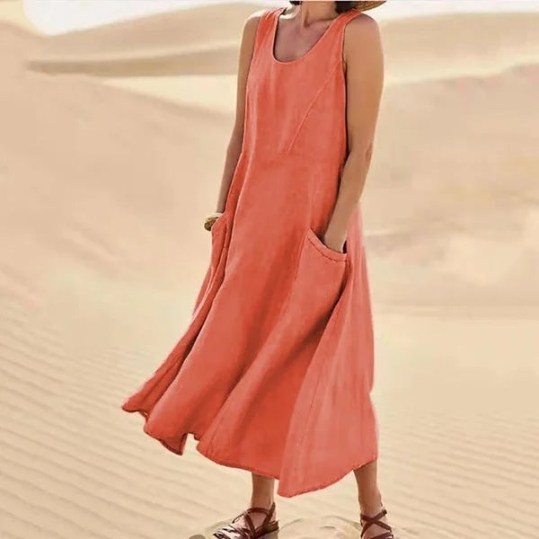 Arlina | Abito Midi Senza Maniche in Lino da Donna Arancia