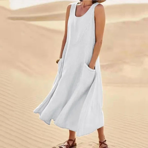 Arlina | Abito Midi Senza Maniche in Lino da Donna Beige