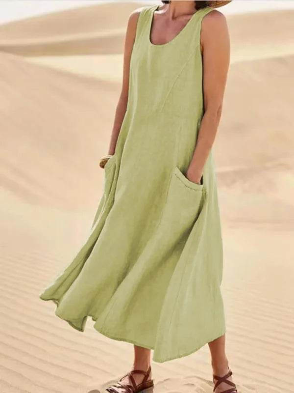 Arlina | Abito Midi Senza Maniche in Lino da Donna Vert