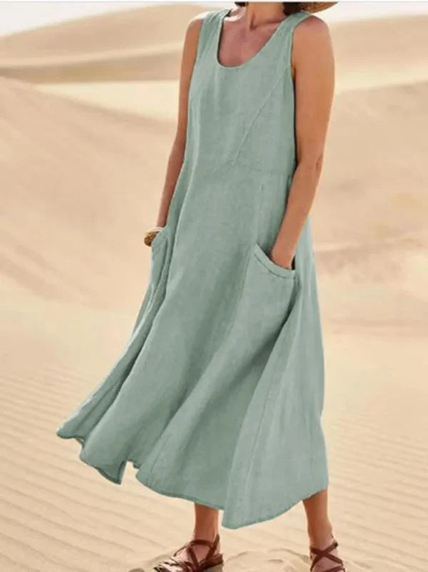 Arlina | Abito Midi Senza Maniche in Lino da Donna Vert Pin