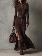 Asueda | Abito Lungo Donna in Camoscio Marrone Marrone