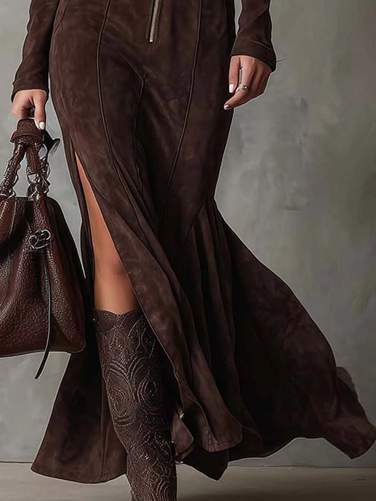 Asueda | Abito Lungo Donna in Camoscio Marrone Zip Collo Alto con Cintura 3