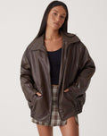 Bianca | Donna Giacca Bomber Ecopelle Oversize Zip Marrone