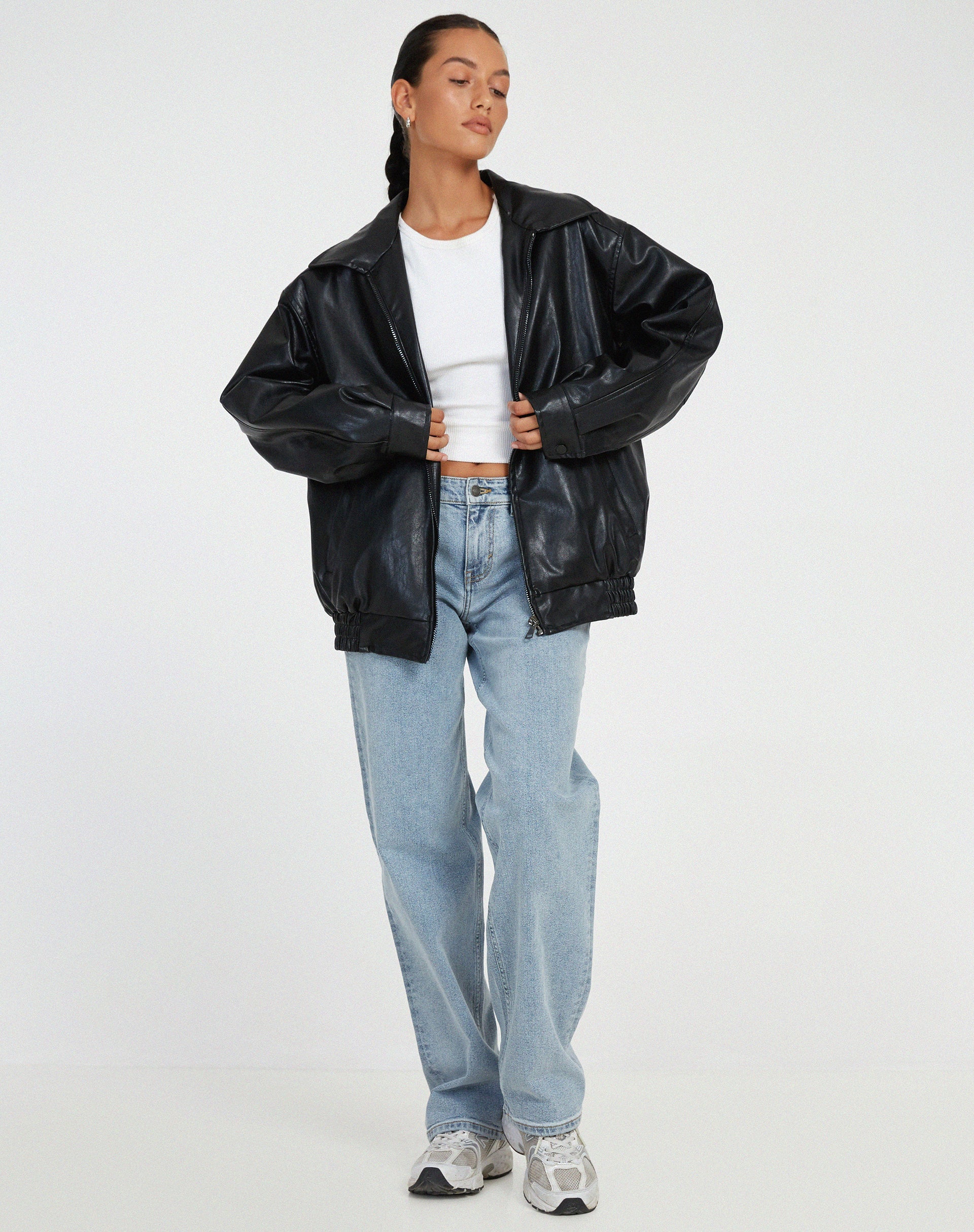 Bianca | Donna Giacca Bomber Ecopelle Oversize Zip Nero