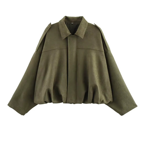Bianca | Giacca Bomber da Donna Oversize Scamosciata Zip Frontale Verde militare