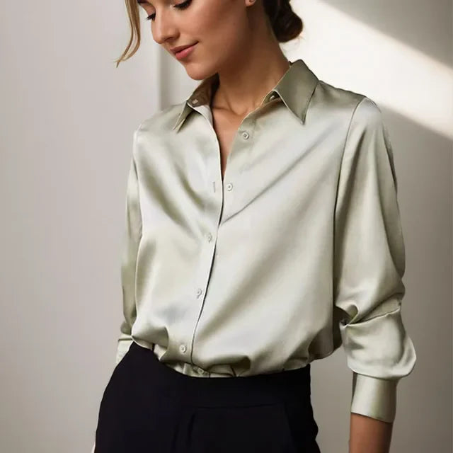 Borena | Camicia Donna Manica Lunga Satinata Con Bottoni Verde