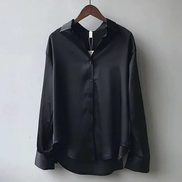 Borena | Camicia Donna Manica Lunga Satinata Con Bottoni Nero