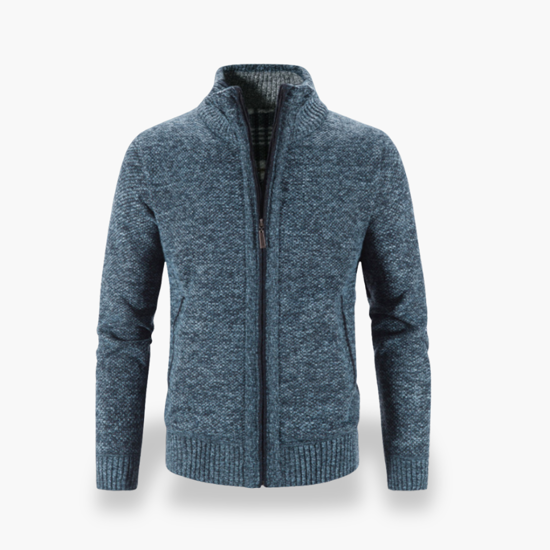 Caldor | Cardigan in Lana con Zip Grigio e Collo Alto Blu