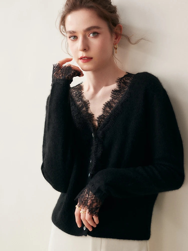 Cardigan Donna in Maglia con Dettagli in Pizzo e Bottoni | Valentina Beige