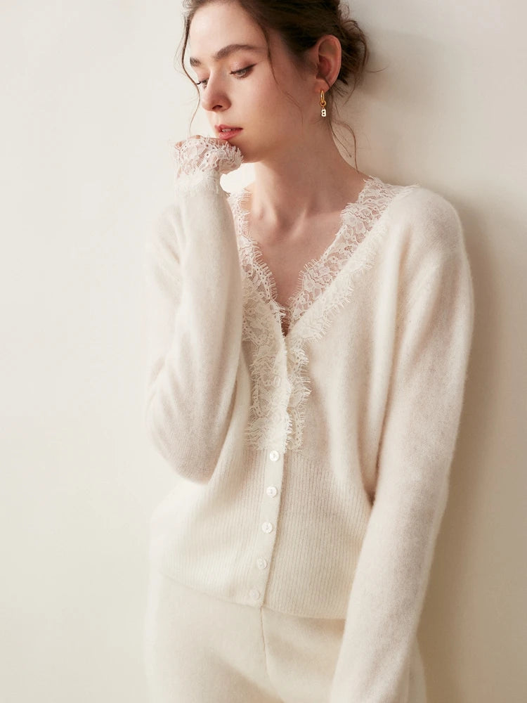 Cardigan Donna in Maglia con Dettagli in Pizzo e Bottoni | Valentina Nero