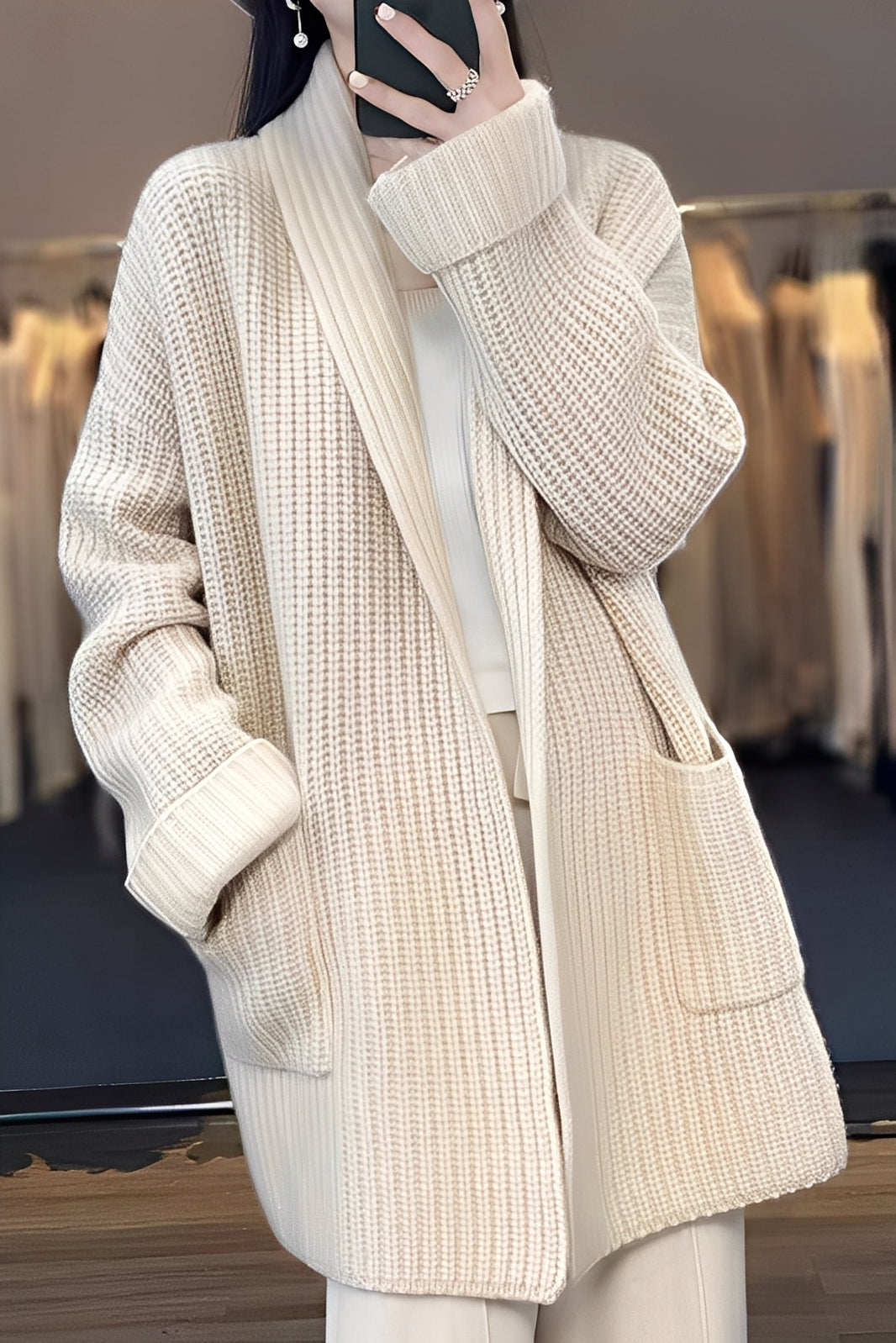 Cardigan Lungo Lavorato a Maglia da Donna | Vistara Beige Taglia unica