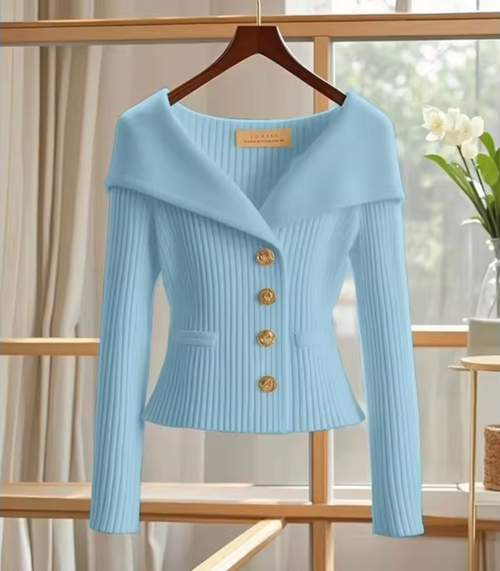 Caria | Cardigan Primaverile Donna Corto Lavorato a Maglia Azzurro