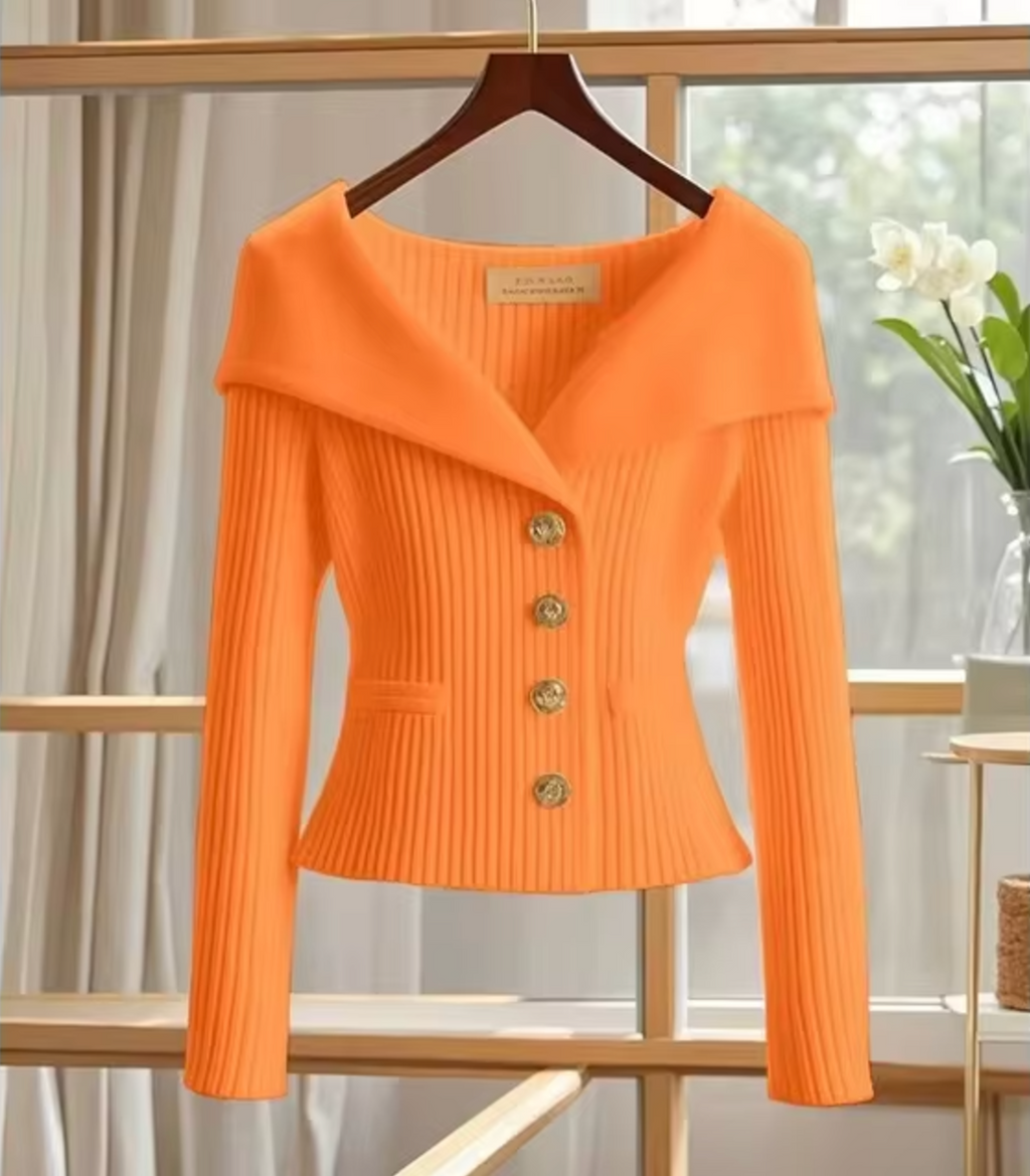 Caria | Cardigan Primaverile Donna Corto Lavorato a Maglia Arancione