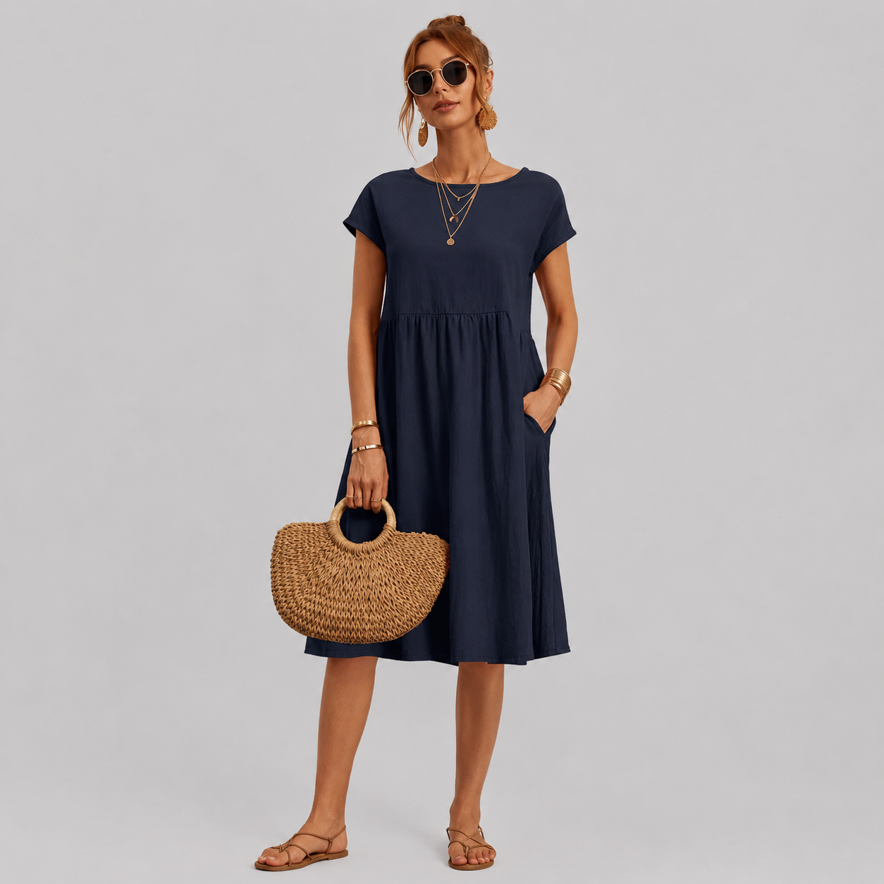 A-Line Midi Dress with Pockets for Women