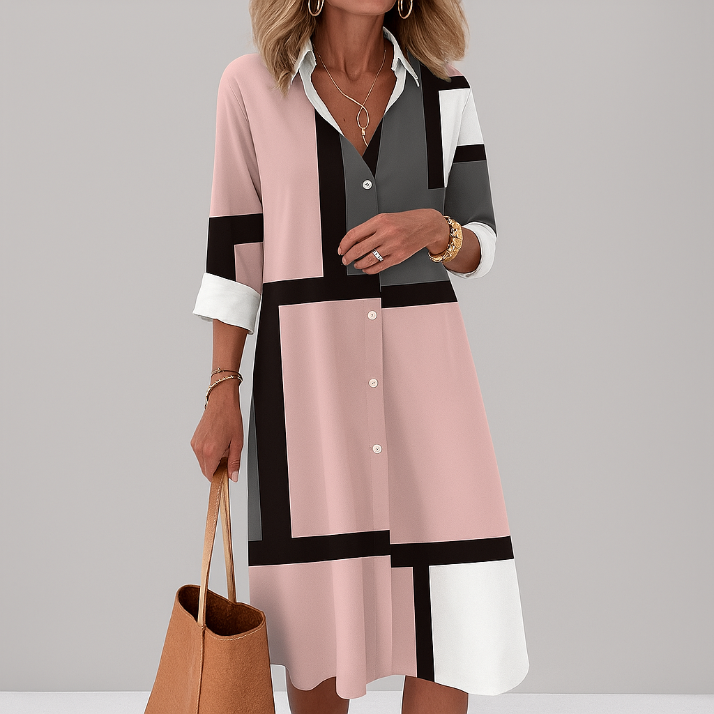 Vestito camicia da donna con bottoni e motivo geometrico