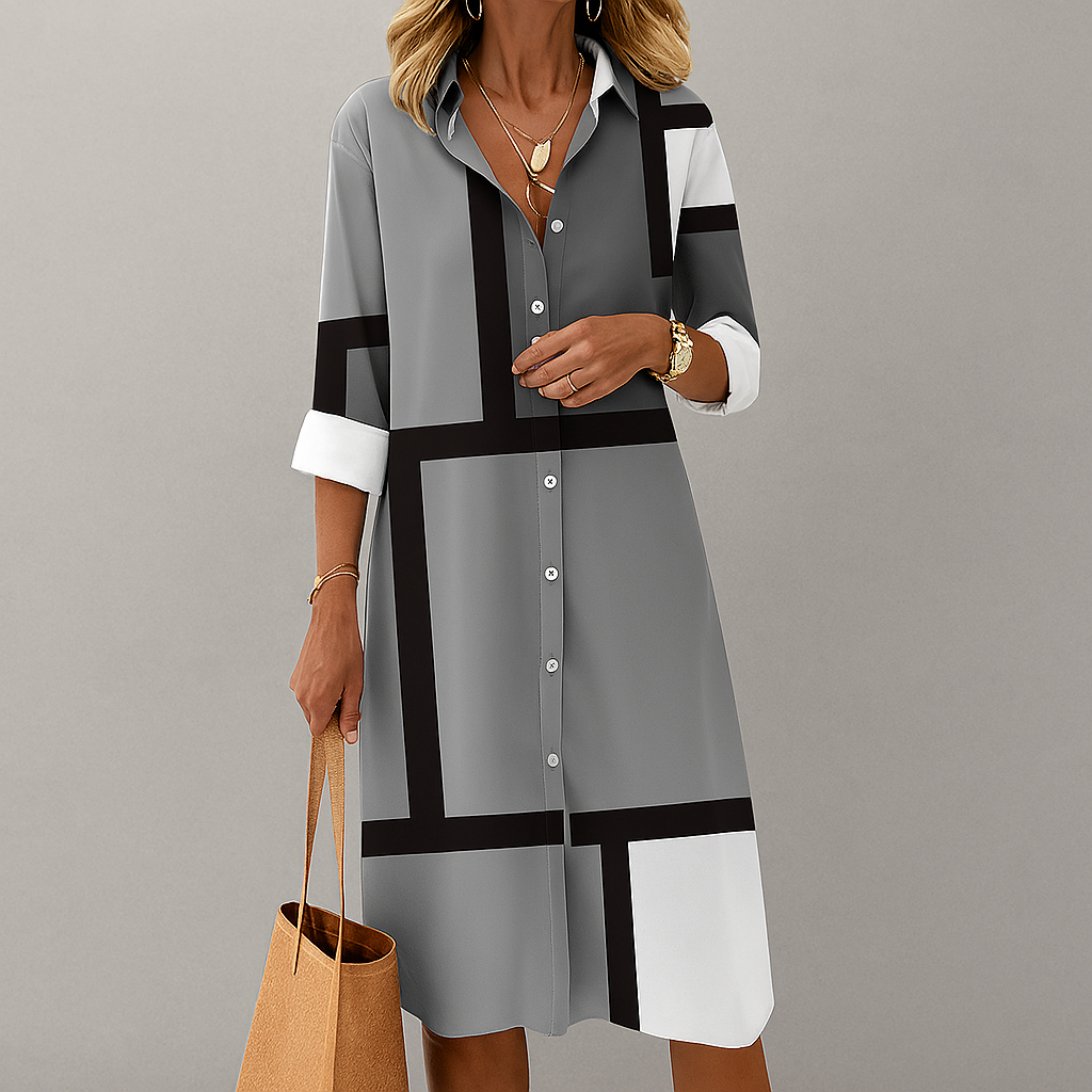 Vestito camicia da donna con bottoni e motivo geometrico