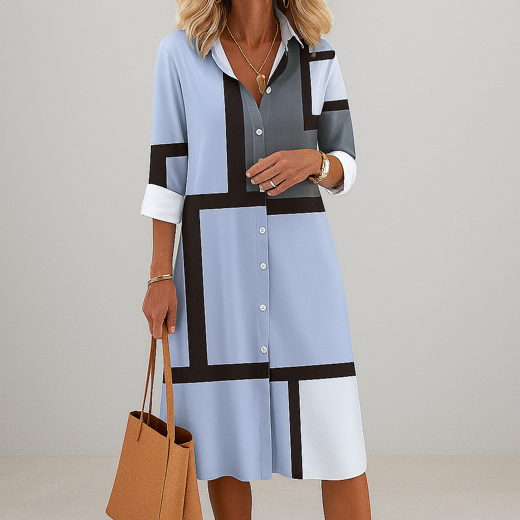 Vestito camicia da donna con bottoni e motivo geometrico