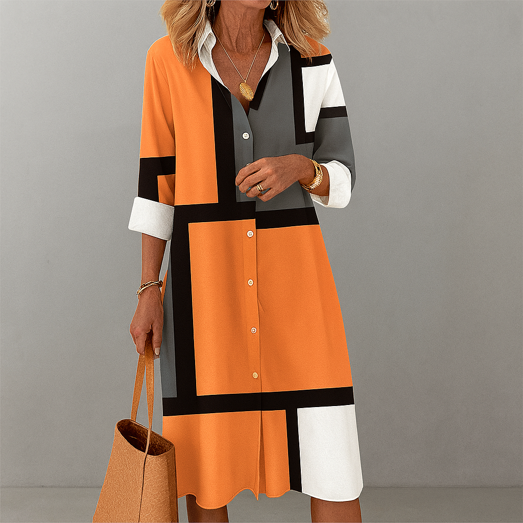 Vestito camicia da donna con bottoni e motivo geometrico