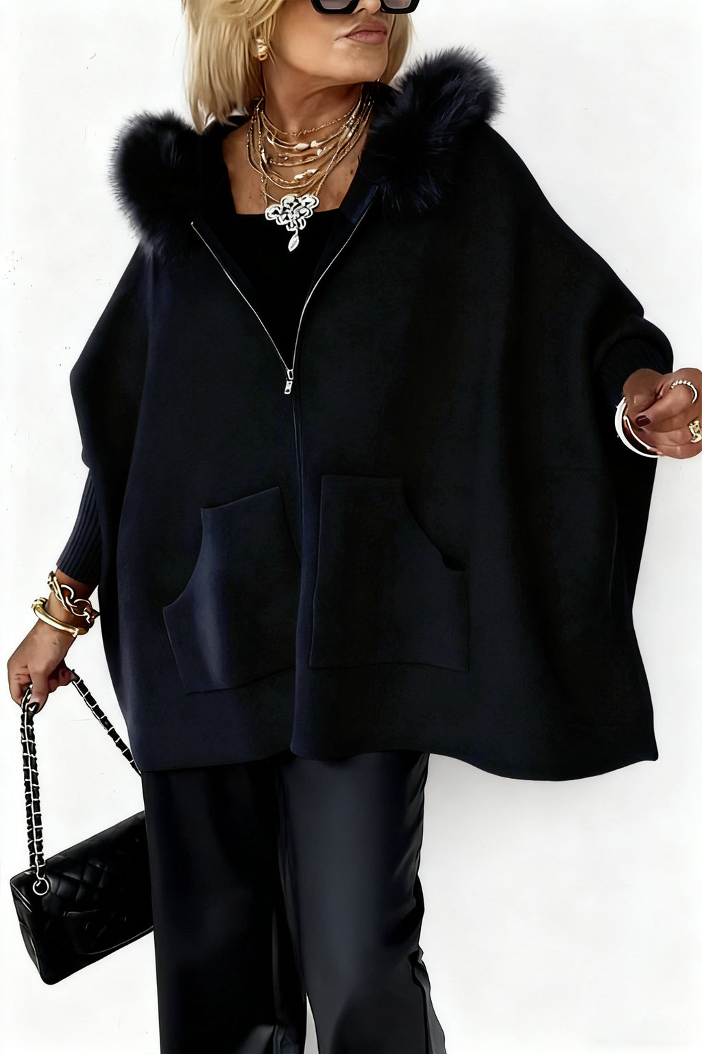 Clara | Donna Giacca Cape Oversize Cappuccio Pelliccia Zip Nero