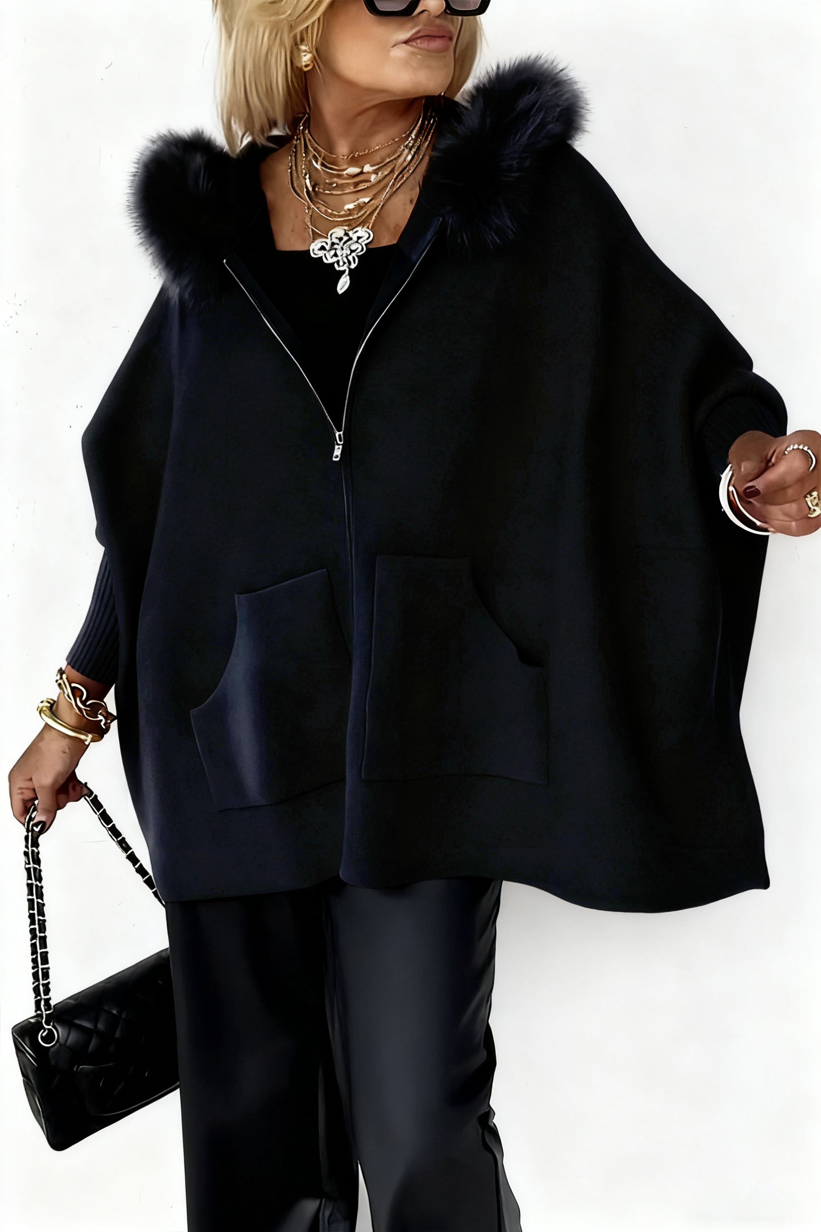 Clara | Donna Giacca Cape Oversize Cappuccio Pelliccia Zip Nero