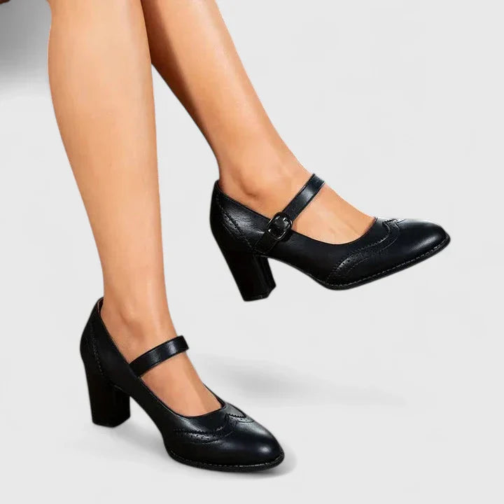 Clara | Scarpe Mary Jane Donna Primavera Tacco a Blocco Brogue Pelle Nero