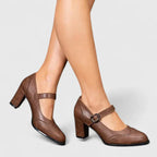 Clara | Scarpe Mary Jane Donna Primavera Tacco a Blocco Brogue Pelle Marrone