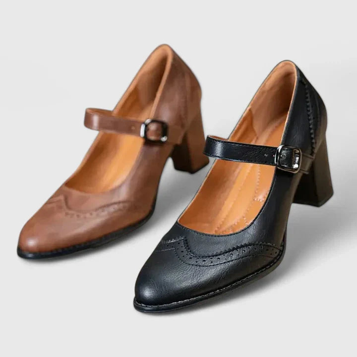 Clara | Scarpe Mary Jane Donna Primavera Tacco a Blocco Brogue Pelle