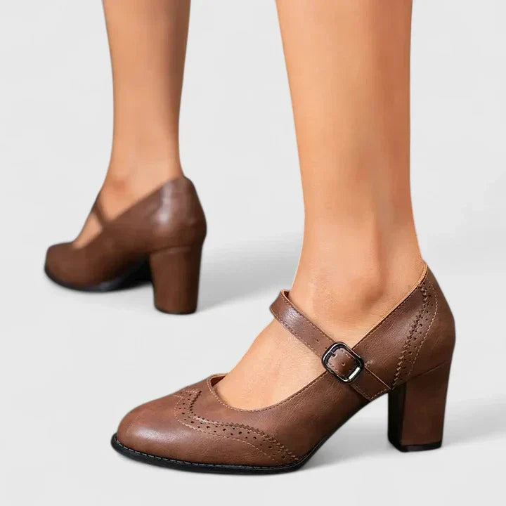 Clara | Scarpe Mary Jane Donna Primavera Tacco a Blocco Brogue Pelle