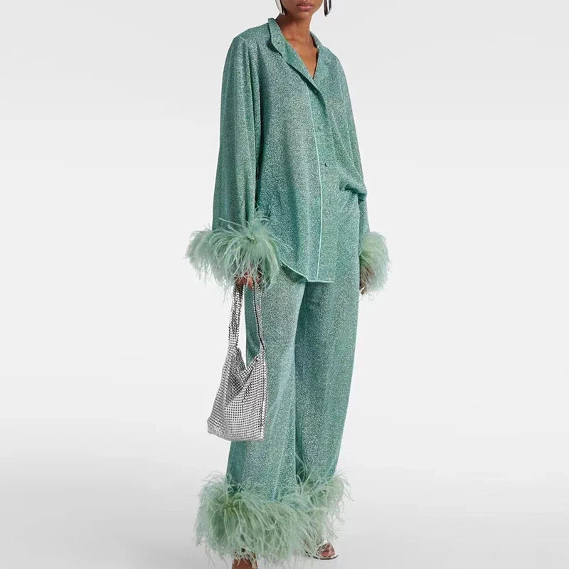 Completo Loungewear Brillante con Piume per Donna | Maribel Turchese