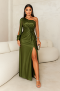 Delia | Abito da Donna Maxi Monospalla Satin Twist con Spacco Verde